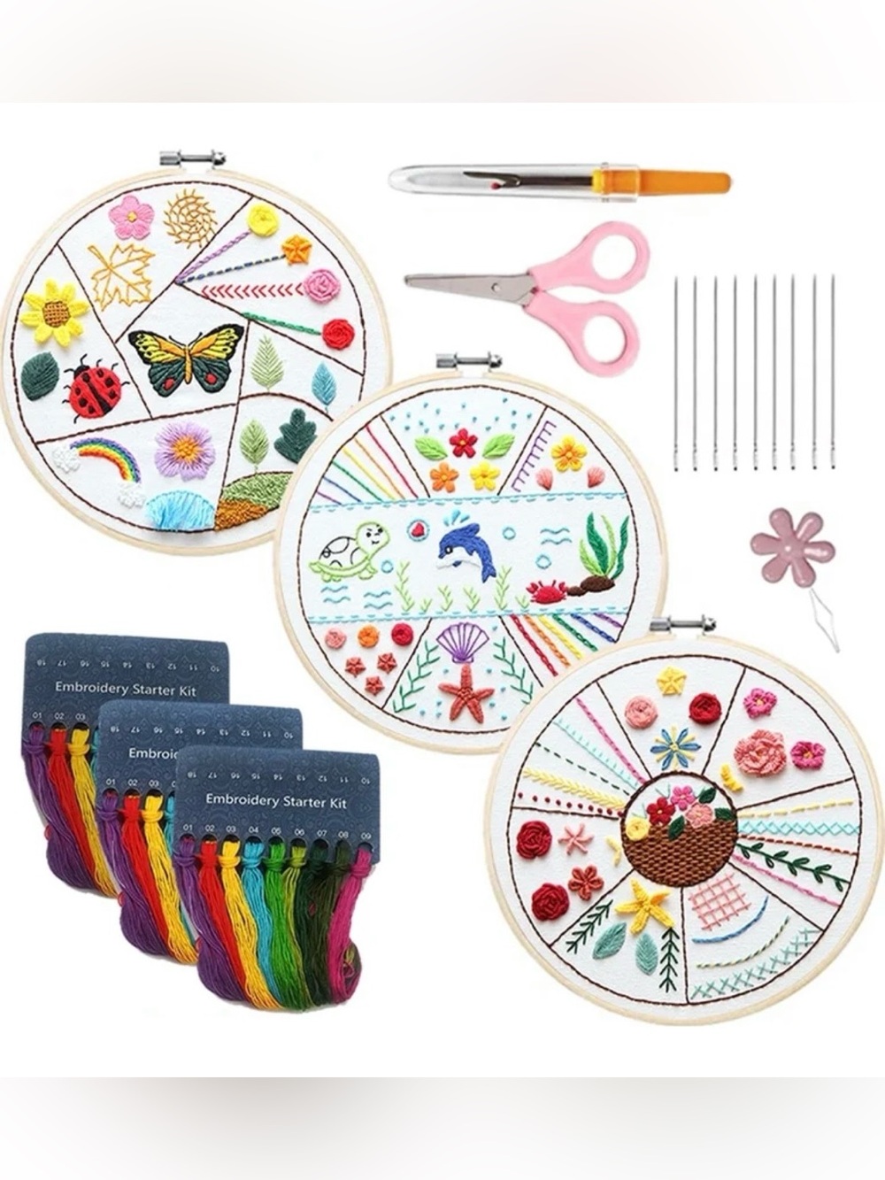 Kids Embroidery Starter Kit – Colorful Pink Scissors & Rainbow Threads